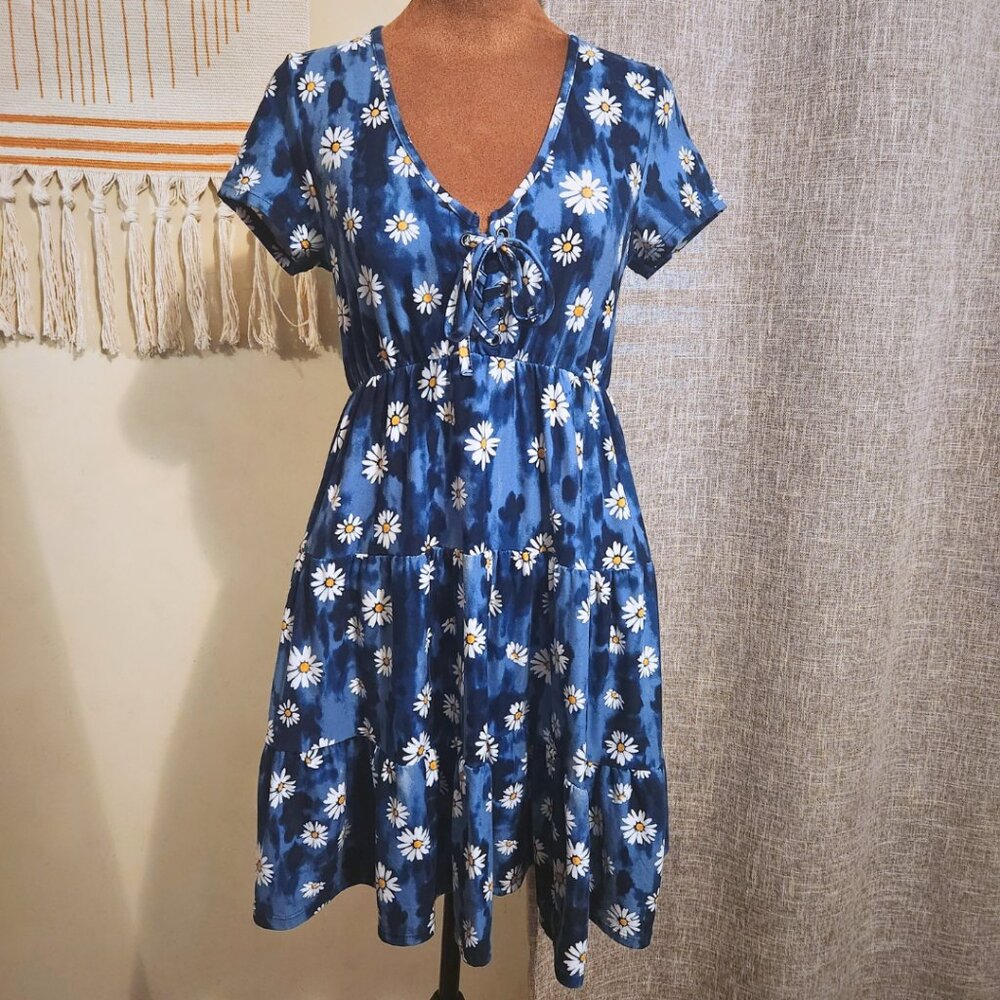 No Boundaries Navy Tie-Dye Daisy Print Tiered Dress | Eccentric Boho | Size S